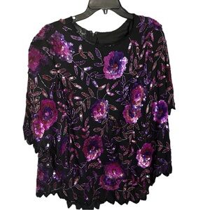 Vtg Laurence Kazar Purple Floral Sequin Blouse 2X